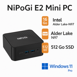 NiPoGi E2 Mini PC – Intel Alder Lake N97 (3.6 Ghz), 16 Go RAM, 512 Go SSD M2, Windows 11 Pro, HDMI 4K Neuf