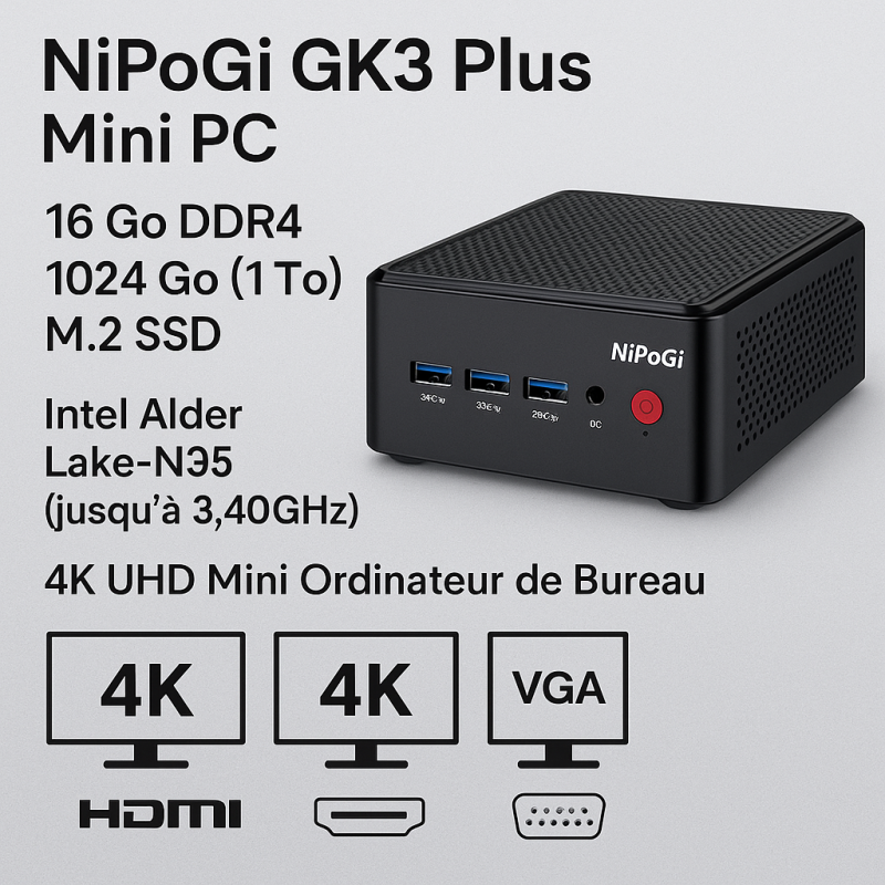 đź’Ľ NiPoGi GK3 Plus Mini PC 16 Go DDR4 1024 Go (1 to) M.2 SSD - Neuf đź’Ľ NiPoGi GK3 Plus Mini PC 16 Go DDR4 1024 Go (1 to) M.2 SSD - Neuf